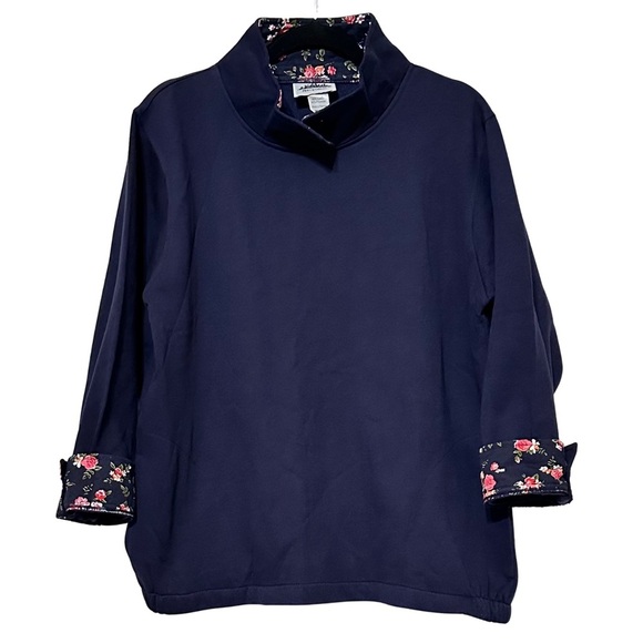 Metropolitan Tops - Metropolitan Navy Floral Trim Pullover Mock Neck Cotton Blend Sweatshirt Sz M